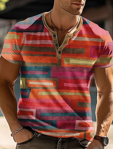  Hombre Geométrico Camiseta Henley Shirt Manga Corta Design Moderno Henley Calle Casual Diario Verano Primavera Rosa Henley Camiseta Henley