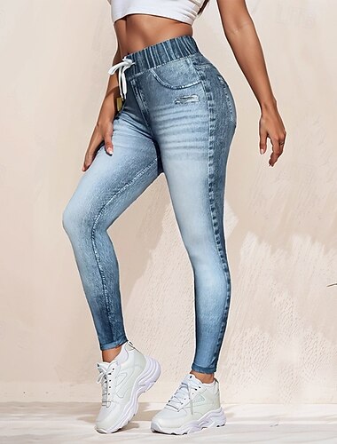  Damen Strumpfhosen Leggings Streetwear Lässig Volle Länge Hohe Taille Einfach Elastischer Bund Atmungsaktivität Dehnbar Urlaub Sport & Outdoor Alltagskleidung Blau Sommer Normale Passform