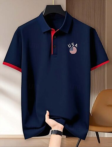  Självständighetsdagen Herr Amerikanska amerikanska flaggan Golftröja Kortärmad Polotröjor Polokrage Ledigt Bekväm Ledigt Dagliga kläder Festival Knappar Sommar Svart Rubinrött Marinblå
