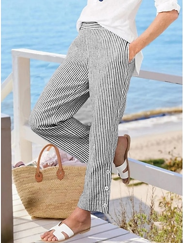  Femmes Chinos Droit Vacances Mode Streetwear Longueur complète Taille haute Rayé Avec Poches Confortable Doux Respirant Micro-Élastique Extérieur Vacances Rue Bleu Vert Armée Noir Rose dragée Ét