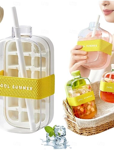  Eiswürfelflasche mit Strohhalm für kühle Sommer, My Crush Cup Eiswürfelbehälter für Wasserflaschen, 2-in-1 tragbarer berührungsloser Eiswürfelbereiter mit Deckel und Behälter für schnelle