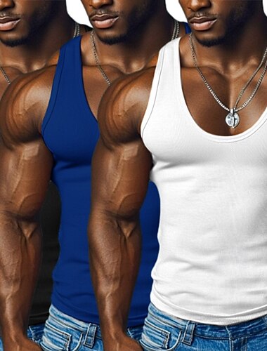  Herren Tank Top Unterhemd Ärmelloses Shirt Ärmellos Rundhals Tiefes U Rundausschnitt Sommer Einfarbig Grubenstreifen Mode Designer Sportlich 3 Teile Gerippt Rein Outdoor Lässig Ausgehen Schwarz