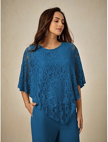  Damen Bluse Elegante Oberteile Einfach Elegant Halbarm Rundhalsausschnitt Normale Oberteile Hochzeitsgast Täglich Spitze Patchwork Geschichtet Blau Sommer Frühling