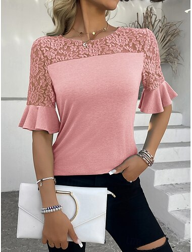  Damen Spitzenbluse Einfarbig Stilvoll Lässig Halbarm Rundhalsausschnitt Normale Oberteile Täglich Spitze Patchwork Schwarz Rosa Purpur Grün Sommer