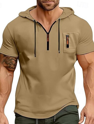  男性用 パーカー クォータージッパースウェットシャツ ブラック ネイビーブルー ブルー カーキ色 ライトグレー フード付き 平織り クォータージップ スポーツ 日常 祝日 ポリエステル ストリートファッション ベーシック カジュアル 夏 衣類 パーカー トレーナー 半袖