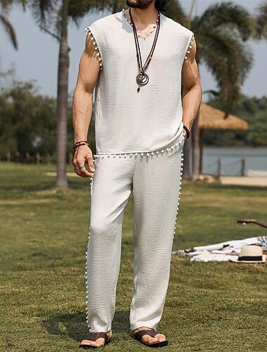  Per uomo Completi T-shirt Completi camicia e pantaloni Outfit 2 pezzi Senza Maniche Girocollo Estate Semplice Moda Casual 2 Pezzi Vacanza Abbigliamento quotidiano Uscire Bianco Maglietta Top per Uomo