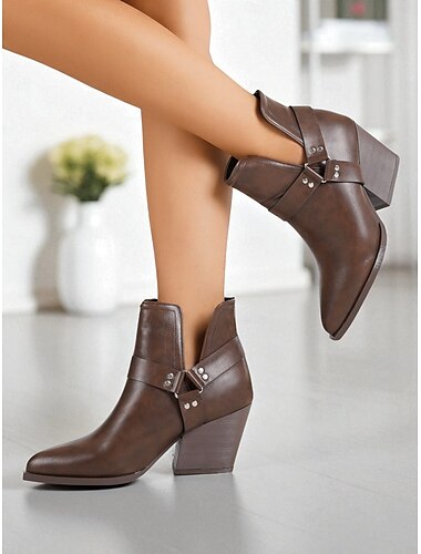  Damen-Stiefeletten mit spitzer Zehenpartie – Westernstiefeletten aus Kunstleder mit mittelhohem Absatz für Büro-Outfits, urbanen Streetstyle und die tägliche Arbeitskleidung