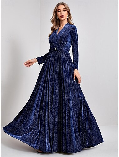  A-Linie Partykleider Elegant Kleid Formell Hochzeit Bodenlang Langarm V Ausschnitt Samt mit Falten 2025