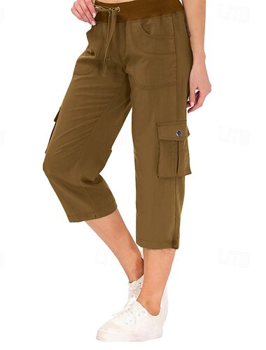  Damen Cargo-Hosen Caprihose Stoffhosen Streetwear Lässig Wadenlang Natürliche Taille Einfach Tasche Elastisches Kordelzugdesign Bequem Außenbereich Urlaub Ferien Alltagskleidung Hellgrau Hellbraun