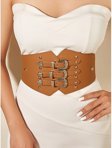  Cinturón elástico ancho para mujer con triple hebilla vintage: faja gótica de piel sintética para vestidos y disfraces.