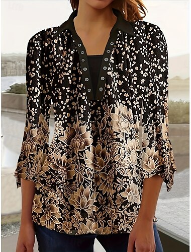  Damen Bluse Blumen Grafik Täglich Retro Vintage Lässig Dreiviertelarm Hemdkragen Normale Oberteile Täglich Patchwork Druck Schwarz Gelb Blau Fuchsie Sommer Frühling