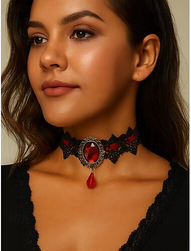  Gothic-Spitzenhalsband für Damen mit rotem Edelsteinanhänger, Vintage-Halsband aus schwarzem Samt für Halloween-Partys und Kostüm-Cosplay