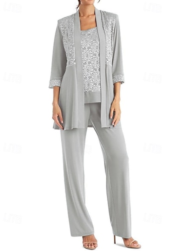  Overall / Hosenanzug Dreiteilig Hosenanzug Brautmutterkleid Elegant Vintage Einfach U-Boot-Ausschnitt Knöchellänge Stretch Chiffon Halbarm mit Spitze Paillette Stickerei 2025