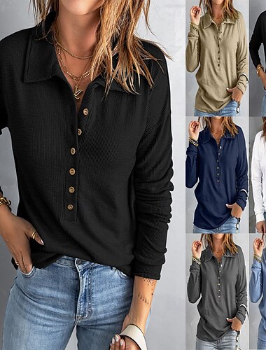  Femmes Chemisier Couleur Unie Élégant Occasionnel manche longue Col de chemise Hauts Réguliers Quotidien Boutons Noir Blanche bleu marine Bleu Ciel Kaki Été Printemps