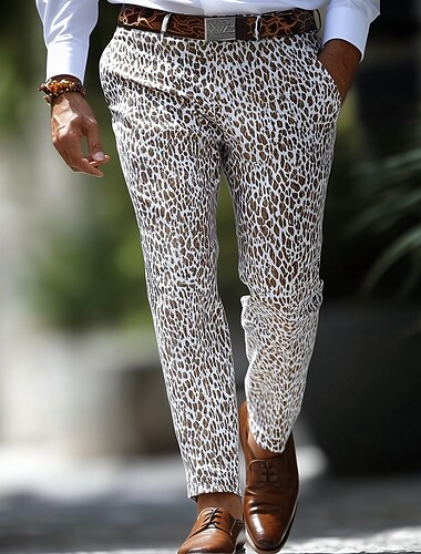  Homens Estampa de Leopardo Social Calças Calças de Terno Cintura Média Vintage retrô Férias Casual Ajuste regular Frente plana Calças retas com bolsos Verão Primavera Outono Impressão 3D Leopardo