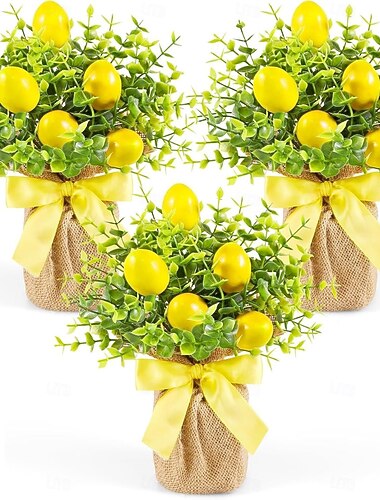  Ramo de flores de limón artificiales de 3 piezas, plantas de vegetación falsa para centro de mesa, arreglos florales de frutas amarillas falsas para decoración del hogar, exhibición de sala de estar o