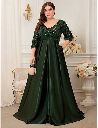  A-Linje Plus Size Klänningar Elegant Curve Klänning Formell Bröllop Golvlängd 3/4 Längd Ärmar V-Uttag Satin med Paljetter 2025