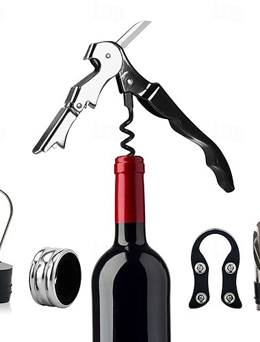  Juego de abridor de vino, sacacorchos de camarero, cortador de láminas de acero inoxidable, tapones de botella a prueba de fugas, vertedor, collar antidesbordamiento, anilla de goteo incluida,