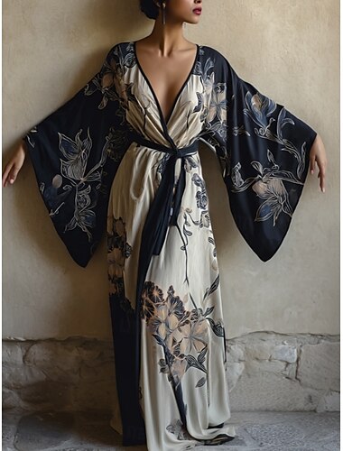  Dames Lange jurk maxi-jurk Casual jurk Swingjurk Zomerjurk Modieus Modern Dagelijks Feestdagen Strand Normale pasvorm Bloemig Lange mouw V-hals Wijn Marineblauw blauw Paars Zomer Lente