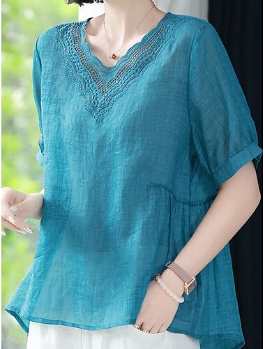  Damen Baumwoll-Leinen-Hemden Einfarbig Elegant Stilvoll Basic Kurzarm V Ausschnitt Normale Oberteile Täglich Bestickt Blau Sommer Frühling