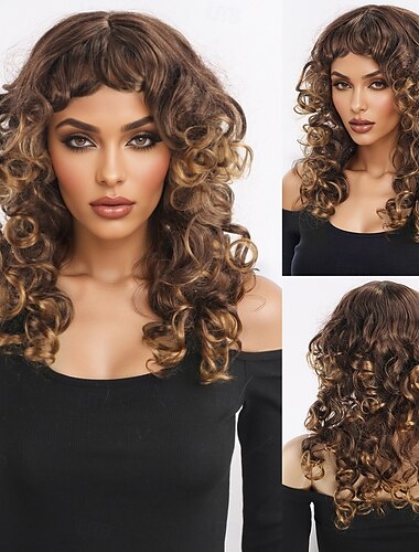 Synthetische Perücken Gewellt Afro Lockig Asymmetrisch Mit Pony Maschinell hergestellt Perücke 18 Zoll A1 Synthetische Haare Damen Klassisch Bequem Farbverläufe Mehrfarbig