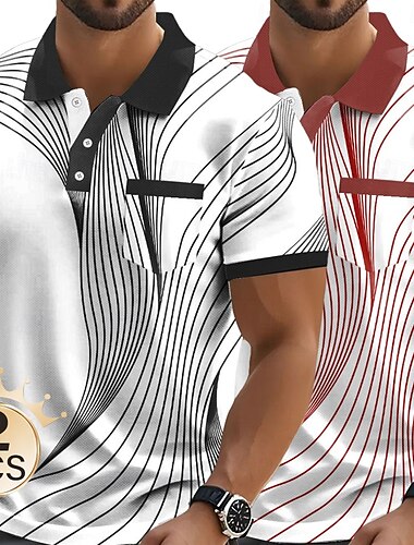  Herren 2-teiliges Poloshirt mit grafischem geometrischem Muster, kurzärmelig, Poloshirts mit Kragen, Business Casual, Outdoor, Business, Athleisure, Alltagskleidung, Knöpfe, Tasche, 3D-Druck, Sommer