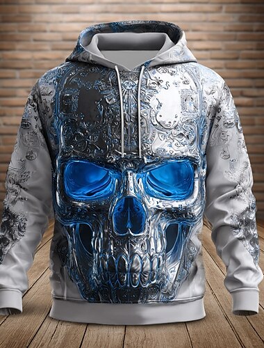  Herr Dödskalle Huvtröjor Tröja Ytterkläder Huvtröja Rund hals Häftig 3D-tryck Nattklubb Streetwear Rubinrött Blå Snörning Höst Vinter Designer