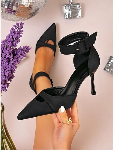  Schwarze High Heels mit spitzer Spitze für Damen, Aussparung und Knöchelschnallenriemen – schicke Cocktailschuhe für elegante Abende und elegante Veranstaltungen