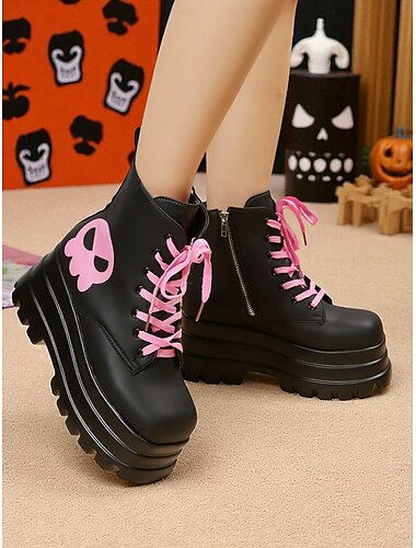  Gothic-Plateau-Kampfstiefel für Damen – schwarze, klobige Schnürstiefeletten mit rosa Totenkopf für Cosplay, Halloween und Punk-Streetwear