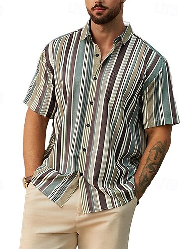  Herren Hemd Sommerhemd Freizeithemd Strandhemd Knopfhemd Schwarz Gelb Blau Dunkelgray Kurzarm Streifen Revers Urlaub Hawaiianisch Bekleidung Polyester Mode Lässig Bequem
