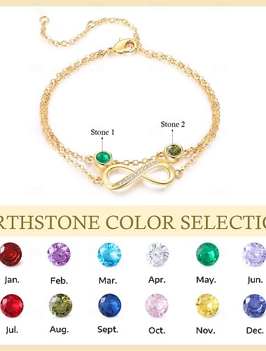  personalisiertes Geburtssteinarmband, individueller Schmuck mit zwei Geburtssteinen und doppeltem Glücksbringer, perfektes Geschenk für Ehefrau oder Mutter, Seelenverwandten-Geschenk zum Valentinstag