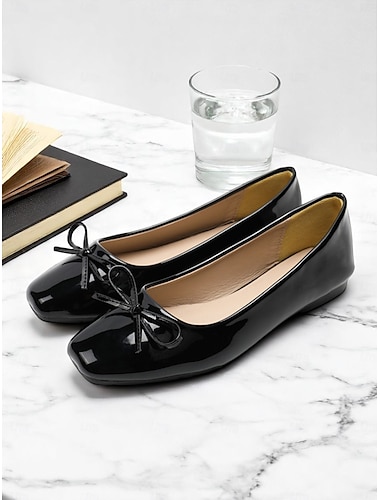  Damen-Ballerinas aus Lacklederimitat – Büroschuhe mit quadratischer Spitze und Schleifendetail für professionelle Arbeitskleidung, den täglichen Arbeitsweg und elegante Freizeitoutfits