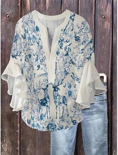  Dam Blus Blommig Stylish Modern 3/4 ärm V-hals Vanliga toppar Dagligen Helgdag Volang Mönster Rodnande Rosa Blå Grön Aprikos Sommar