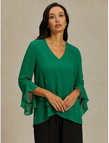  Damen Bluse Chiffon Tops Einfarbig Elegant Stilvoll Dreiviertelarm Rüschenärmel V Ausschnitt Normale Oberteile Hochzeitsgast Arbeit Täglich Rüsche Asymmetrischer Saum Grün Sommer Frühling Herbst