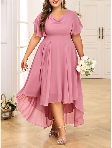  Damen Übergröße A Linie Kleid Einfarbig Rundhalsausschnitt Kurzarm Sommer Frühling Elegant Midikleid Formell Party Kleid