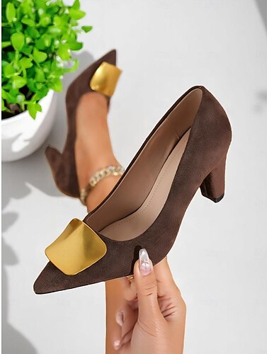  Damen-Pumps mit spitzer Spitze – elegante, klobige Pumps mit goldenem Akzent fürs Büro, Geschäftstreffen und elegante Anlässe