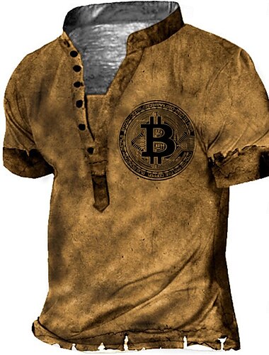  男性用 グラフィック ビットコイン Tシャツ ヘンリーシャツ 半袖 3Dプリント デザイナー ベーシック カジュアル アウトドア 日常 スポーツ 夏 ブラウン スタンド ヘンリーTシャツ