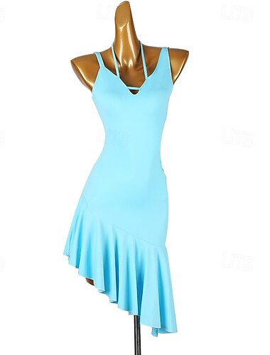  Vestido de baile latino con volantes de color puro para mujer, ropa de entrenamiento de alto rendimiento sin mangas para salsa, rumba y chachachá.