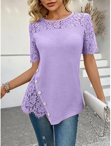  Damen Spitzenbluse Einfarbig Stilvoll Lässig Kurzarm Rundhalsausschnitt Normale Oberteile Täglich Spitze Patchwork Rosa Purpur Gold Grün Khaki Sommer