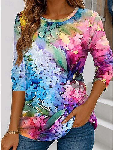  Mulheres Camiseta Floral Gráfico Vintage à moda Clássico Manga Longa Gola Redonda Tops regulares Diário Final de semana Imprimir Rosa Roxo Verde Primavera Outono