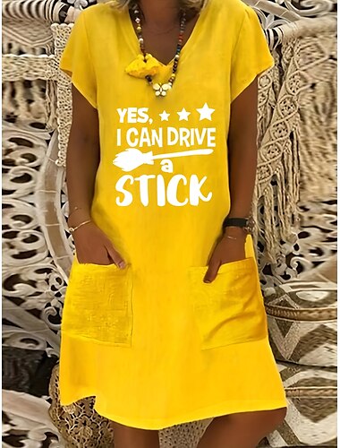  Per donna Abito Midi Abito in lino Vestito Casual Abito Boho Abito Stampato Elegante Moda Classico Manica a Palloncino Vacanza Ferie Abito Autunnale Vestibilità regolare Lettera Manica Corta Scollo a