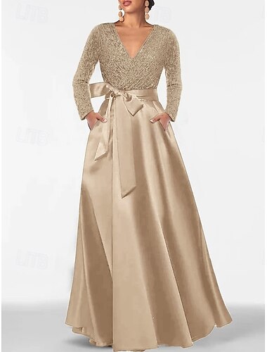  A-Linien-Abendkleid mit Pailletten, elegantes formelles Hochzeitsgastkleid, bodenlang, lange Ärmel, V-Ausschnitt, Tasche, Satin mit Glitzerschlitz 2025