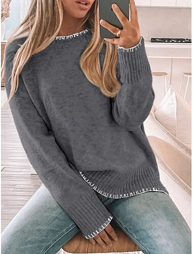  Damen Pullover Lässig Weich Einfarbig Gerippt Rundhalsausschnitt Patchwork Gestrickt Langarm Normale Oberteile Stricken Outdoor Täglich Wochenende Grün Khaki Herbst Winter