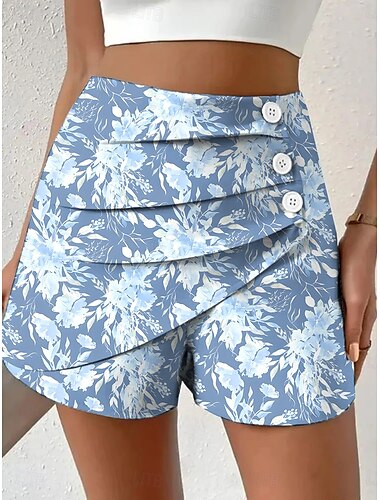  Dam Kinesiska Shorts Semester Vintage Etnisk Stil Kort Hög midja Blommig Grafisk Plisserad Microelastisk Semester Gata Dagligen Rödhakeägg blå Gul Rubinrött Grön Sommar Vår Normal