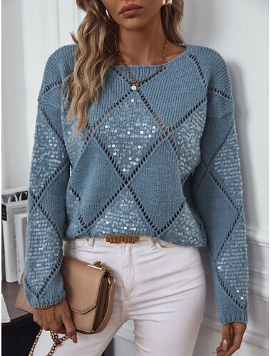  Damen Pullover Lässig Weich Einfarbig Gerippt Rundhalsausschnitt Gestrickt Langarm Normale Oberteile Stricken Outdoor Täglich Wochenende Rosa Blau Herbst