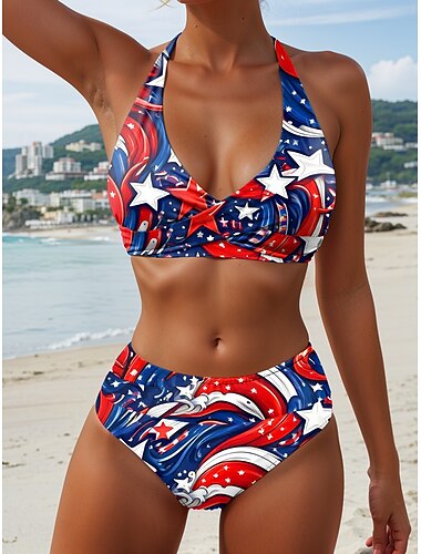  Unabhängigkeitstag Frauen Badebekleidung Patriotic Vierte Juli Bikini 2 Teile Freizügiger Badeanzug Rückenfrei Urlaub Strandbekleidung Grafik Flagge Halfterhals Ärmlos Badeanzüge