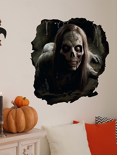  Halloween vloer &Muursticker sticker 3D baanbrekend langharig skeletontwerp, angstaanjagende zelfklevende muur- en vloerdecoratie voor Halloween-feestsfeer