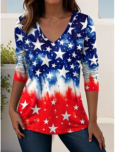  Unabhängigkeitstag Damen Patriotisches Vierteljuli T-Shirt Geometrische Nationalflagge Elegant Vintage Stylisch Langarm Rundhalsausschnitt Reguläre Oberteile Täglicher Wochenenddruck Rot Marineblau