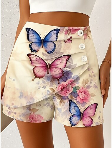  Femmes Chinos Shorts Élégant Vacances ancien Court Taille haute Graphique Papillon Abstrait Superposé Séchage Rapide Confortable Respirant Micro-Élastique Extérieur Rue Quotidien Bleu Vert Beige Ét