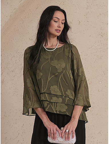  Dames Kanten overhemd Blouse Geklede topjes Chiffon-topjes Effen Kleur Bloemig Elegant Stijlvol Casual Halve mouw Flutter mouw Boothals Normale tops Bruiloft gast Werk Dagelijks Asymetrische zoom